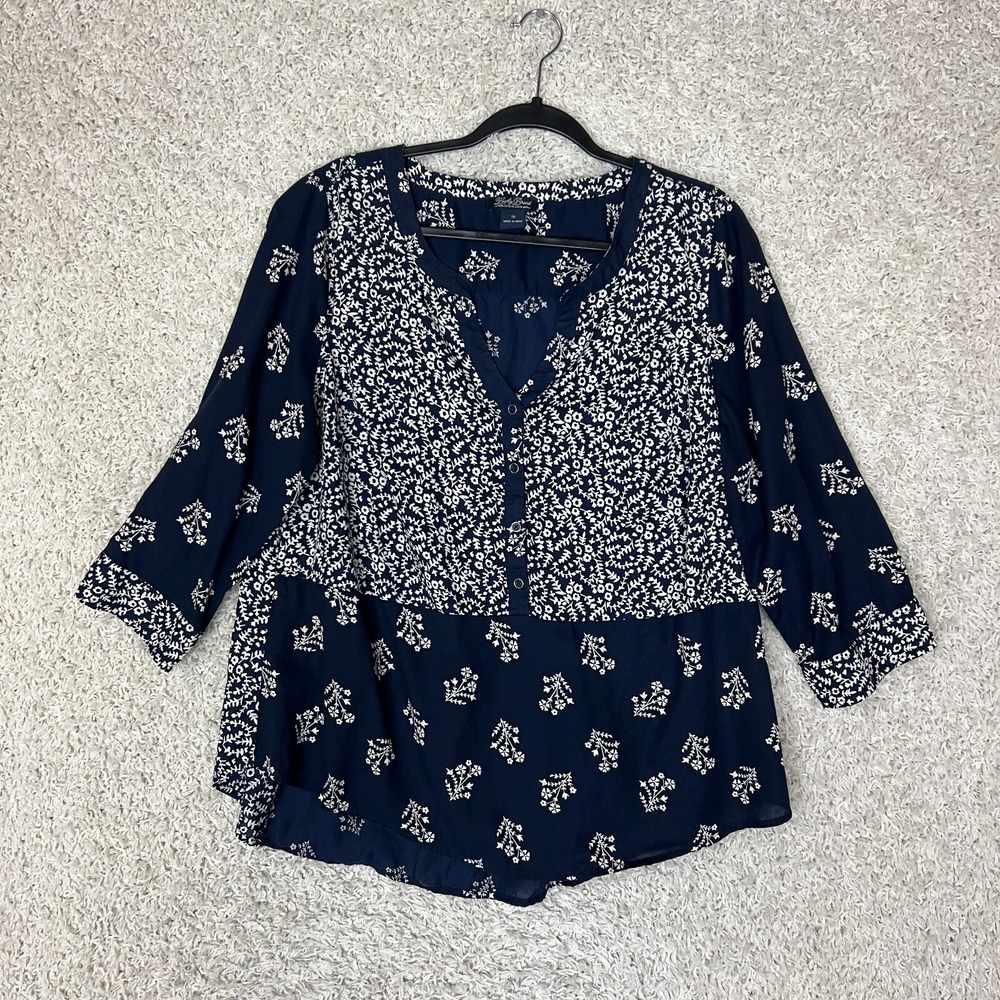 Lucky Brand Blouse Womens 1X Blue V Neck Floral Relaxed‎ Boho Island Travel